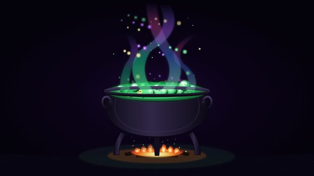 Magical boiling potion cauldron with colorful glowing smoke rising into dark night sky video footage clip