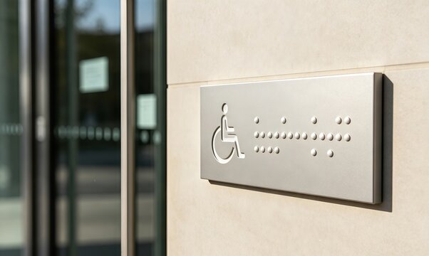 Raised tactile signage highlights accessibility and inclusive design in a contemporary public interior environment