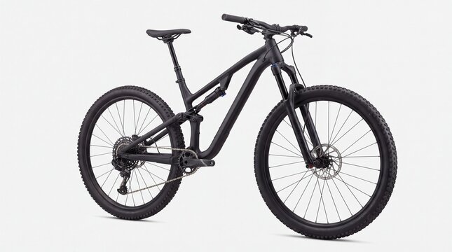 Black mountain bicycle studio shot with suspension and chunky tires on white background