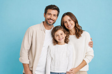 Fototapeta premium Happy parents and their young daughter smile together in a light blue studio portrait, celebrating family love, belonging, everyday joy, and a warm connection.