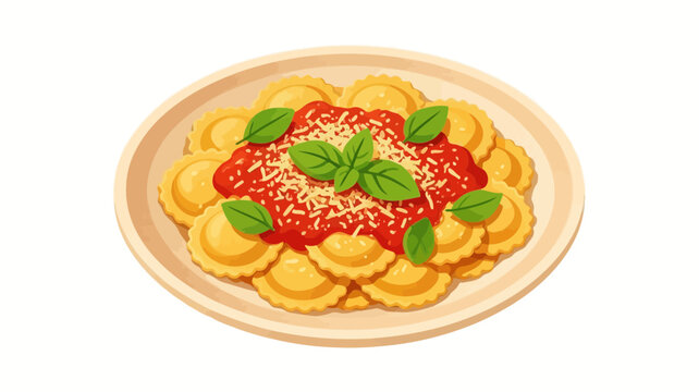 Delicious ravioli pasta with tomato sauce, parmesan cheese, and fresh basil leaves on a white plate