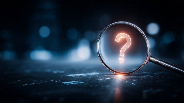 A magnifying glass focused on a question mark represents research and problem solving investigation.
