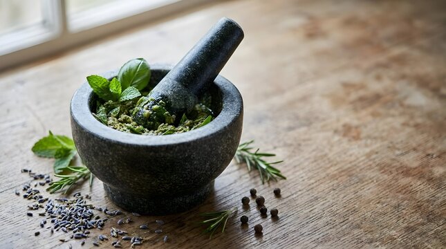 Traditional Mortar And Pestle Herbal Preparation