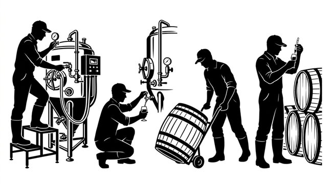 Set of brewery workers operating brewing equipment flat vector illustration