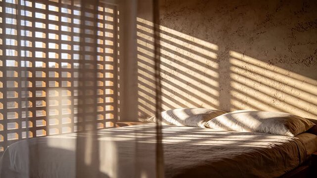 Bedroom with sunlight casting striped shadows through window onto bed