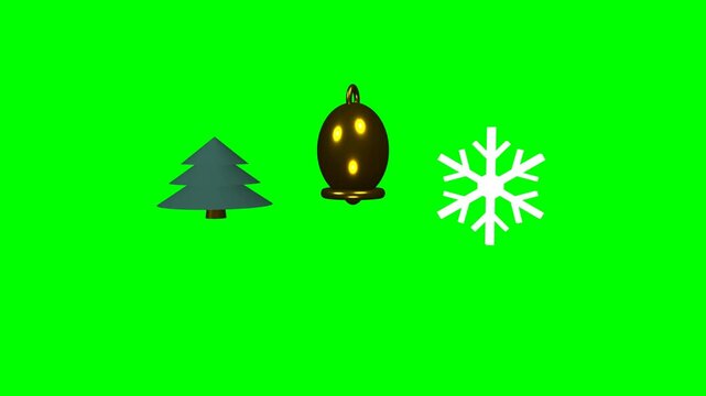 Seamless loop of 3D minimalist holiday icons (Pine Tree, Gold Bell, Porcelain Snowflake). Features rhythmic bouncing, squash-and-stretch physics, and a premium matte clay aesthetic.