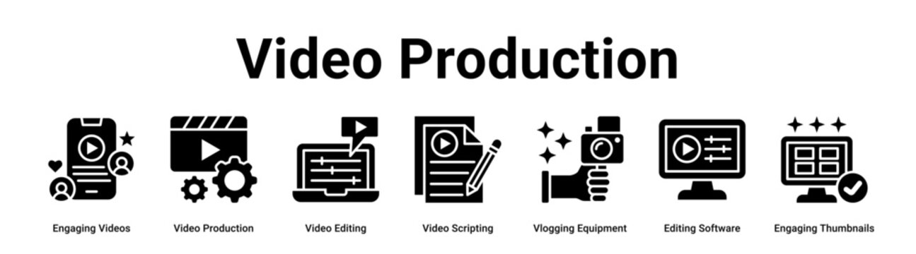 Video Production web banner icon vector illustration concept for business with icon of Engaging Videos, Video Production, Video Editing, Video Scripting, Vlogging Equipment, Editing Software,.