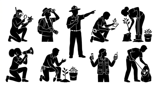 Set of ecologist silhouettes engaged in conservation and nature research