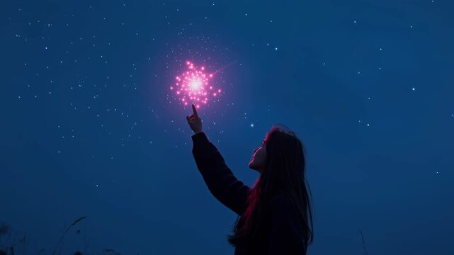 Silhouette of a person pointing at a shooting star in a night sky, low-angle video frame. Live desktop wallpaper.