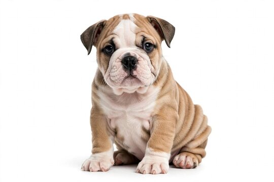 English buldog puppy sitting on white background. 