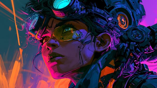 Futuristic Cyberpunk Character Wearing High Tech Neon Goggles and Advanced Sci Fi Gear in a Vibrant Digital World