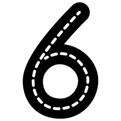 Fototapeta premium Number 6 road track vector illustration with asphalt pattern and dashed white lane lines for kids learning.