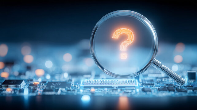 A magnifying glass above a question mark on a circuit board represents technical investigation troubleshooting and problem solving.

