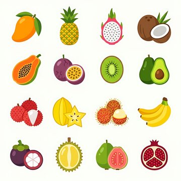 Fresh Tropical Fruits Vector Icon Set Collection for Healthy Food Design Flat Style