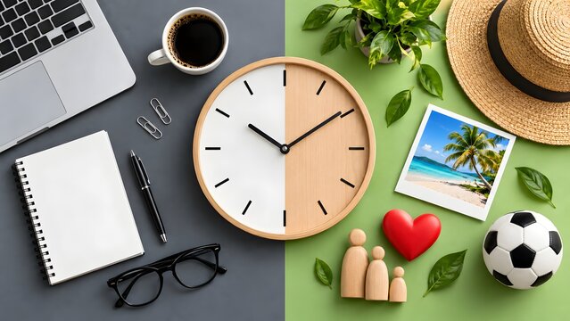 Conceptual flat lay illustrating work life balance with office desk elements contrasting leisure vacation items around a central clock face representing time management