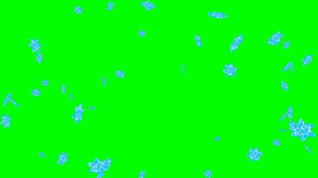 Seamless loop of magical glowing particle snowflakes falling gracefully like rain. Features organic wind sway, 3D parallax depth, and ice blue vertex colors safe for chroma key.