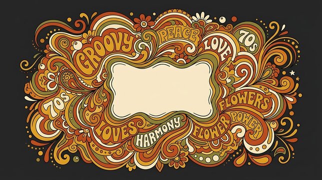 Retro Groovy Psychedelic 70s Style Floral Frame Background with Copy Space