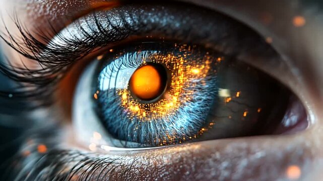 Dramatic extreme close-up of a human eye with dark iris and bokeh lights