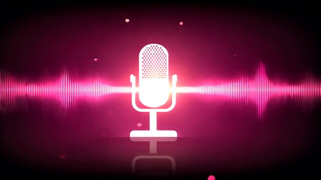 White microphone icon on glowing pink sound waves with floating particles