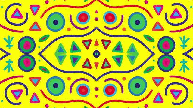 Colorful psychedelic kaleidoscope patterns inspired by traditional ethnic abstract art, creating a vibrant swirling background for music festival art.