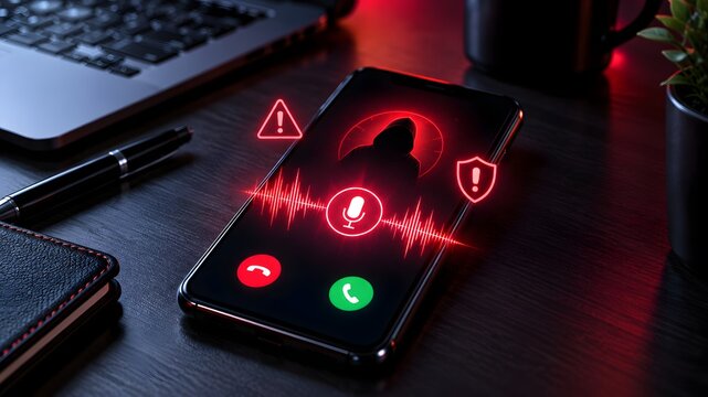 Smartphone screen displaying a dangerous scam call warning with a hacker silhouette and red audio wave