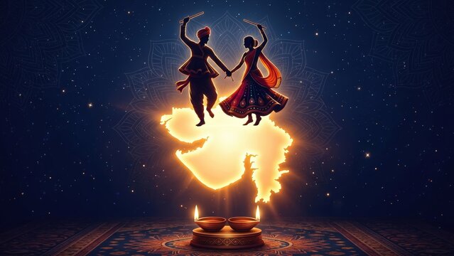 Gujarati Garba Couple Silhouette with Gujarat Map