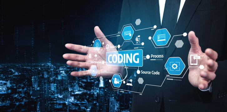 A business professional showcases an advanced coding interface with digital elements against a city skyline. The image portrays innovation and technology in a dynamic environment. Tessel