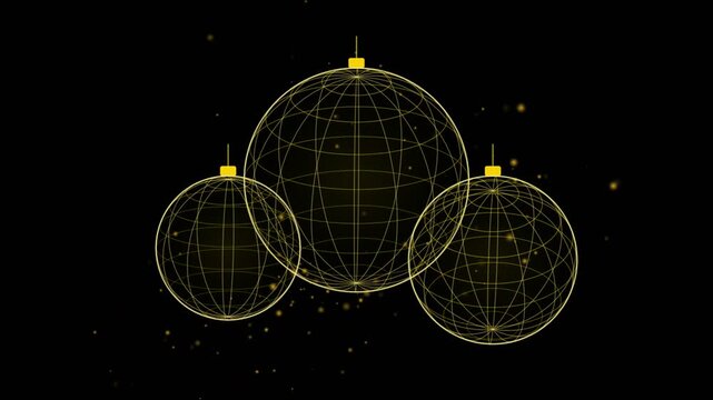 Three golden wireframe globes with glowing particles on black sphere grid