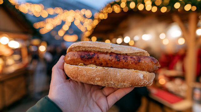Hand Holding Freshly Grilled German Bratwurst im Broetchen Sausage Roll at Christmas Market