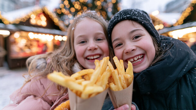 Happy Children Sharing Hot French Fries in Paper Cone at Snowy German Christmas Market