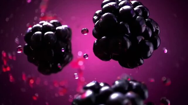 Close-up video of blackberries with splashing juice, dynamic and vibrant angle. Live desktop wallpaper.