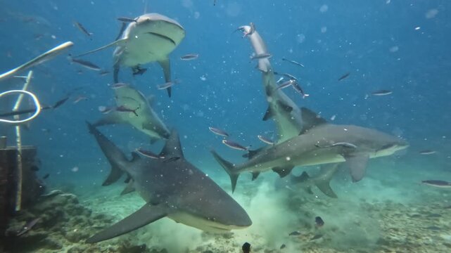 Bull sharks are gathering for a feeding event in the clear blue waters of the coral reef near ocean floor in Fiji, highlighting marine life and underwater predators. Shark Reef Marine Reserve, Fiji