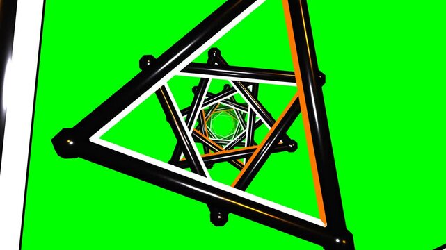 Seamless loop of a futuristic infinite triangular cyber portal. Gunmetal titanium frames with white and amber neon cores, designed with chroma fog depth fade for perfect green screen.