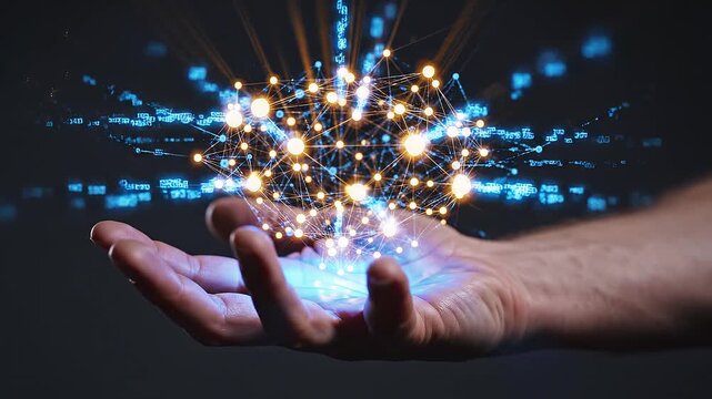 Cinematic human hand holding glowing artificial intelligence neural network hologram