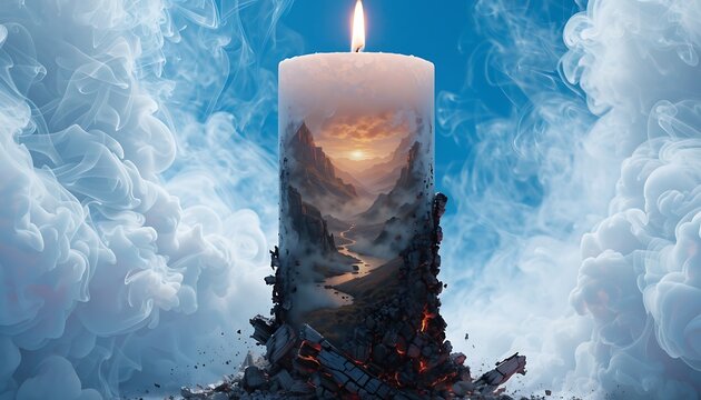 A tall burning candle with a sunset landscape design glowing in front of a bright blue cloudy sky background