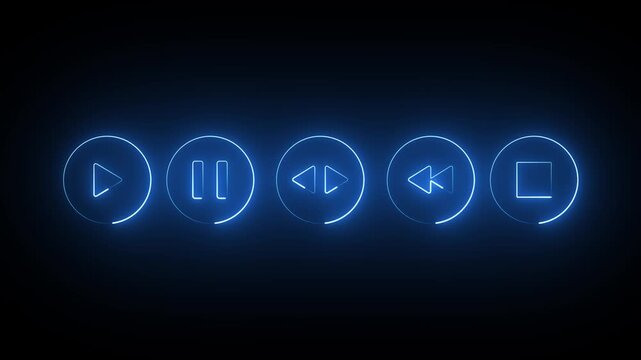 Glowing blue neon media player control buttons loop video footage