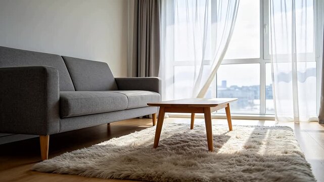 Modern living room with grey sofa wooden coffee table and white curtains