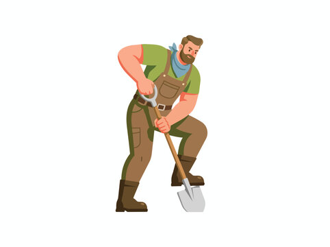 Flat Illustration Man Digging Garden with Shovel
