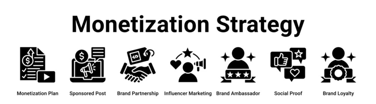 Monetization Strategy web banner icon vector illustration concept for business with icon of Monetization Plan, Sponsored Post, Brand Partnership, Influencer Marketing, Brand Ambassador, Social Proof.