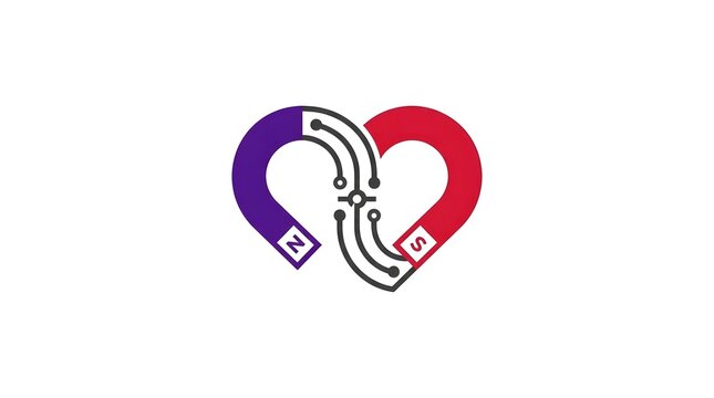 Heart shaped magnet tech circuit logo icon symbolizing love attraction connection and digital magnetic science