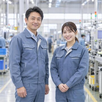 工場で青い作業服を着て並んで微笑む男女