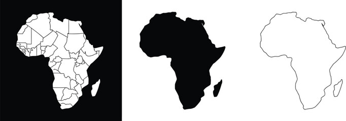 Maps of Africa in outline, line, black, and silhouette styles for geography, cartography, travel, education, and regional mapping © Hazrat Vector