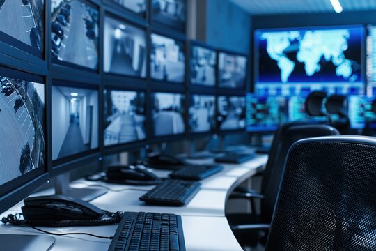 Security control room with surveillance monitors, computer desks and world map display, side view