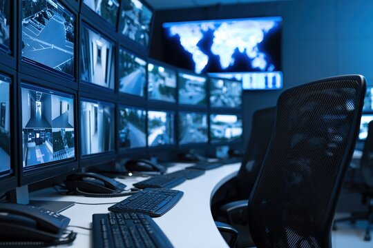 Security control room with multiple CCTV monitors, desk keyboards and chair, surveillance monitoring concept