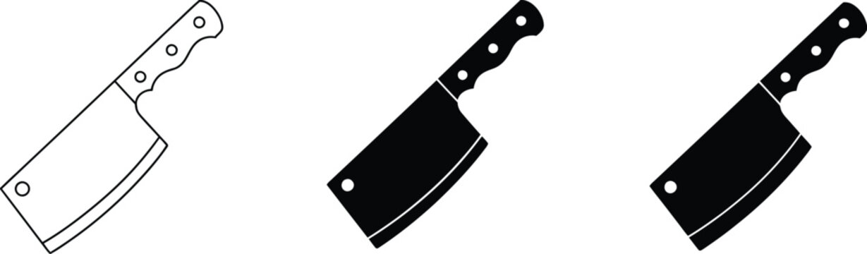 Meat cleaver and butcher knife icons for kitchen cooking tools, meat cutting equipment, culinary preparation, and food service