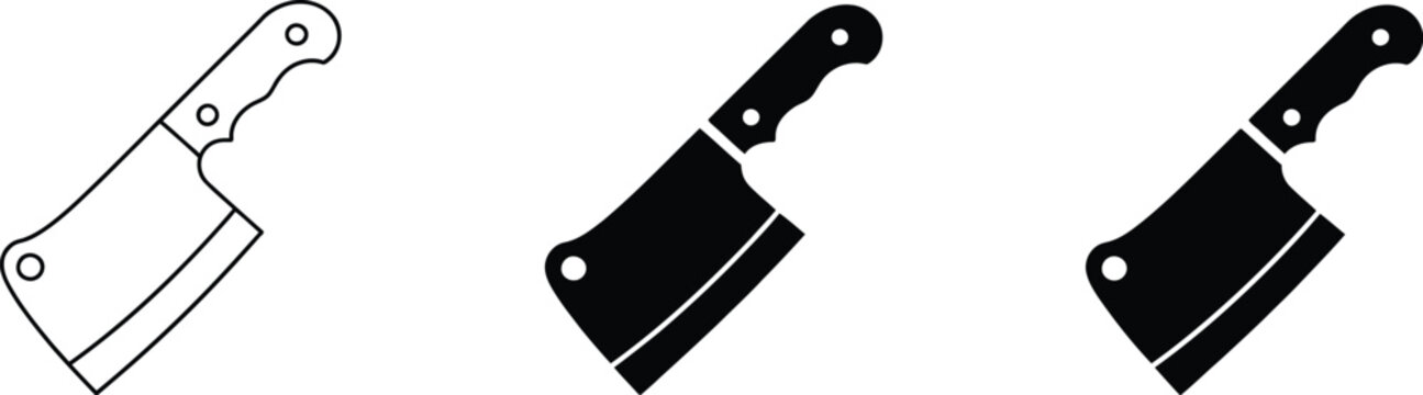 Meat cleaver and butcher knife icons for kitchen cooking tools, meat cutting equipment, culinary preparation, and food service