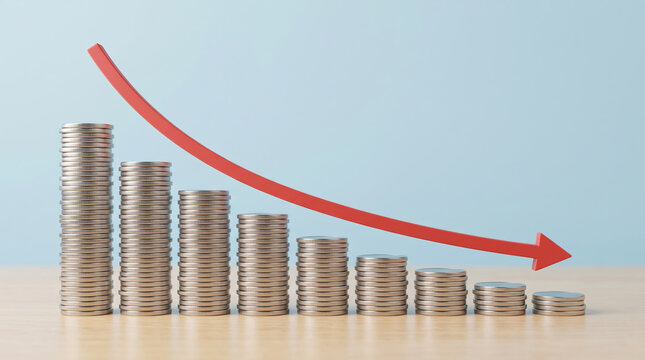 Coins stacked decrease with red arrow showing falling financial value. Finance investment recession crisis. money budget saving expense, value reduction down decayed, risk loss