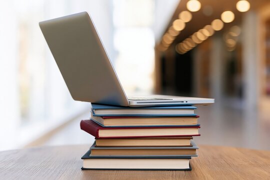 Laptop on stack of books in library corridor, education and remote learning concept, side view