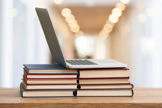Laptop on stack of books in library corridor, education and online learning concept, front view