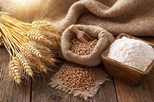 Wheat grains and flour in burlap sack with ears of wheat on wooden table, food ingredients flat lay